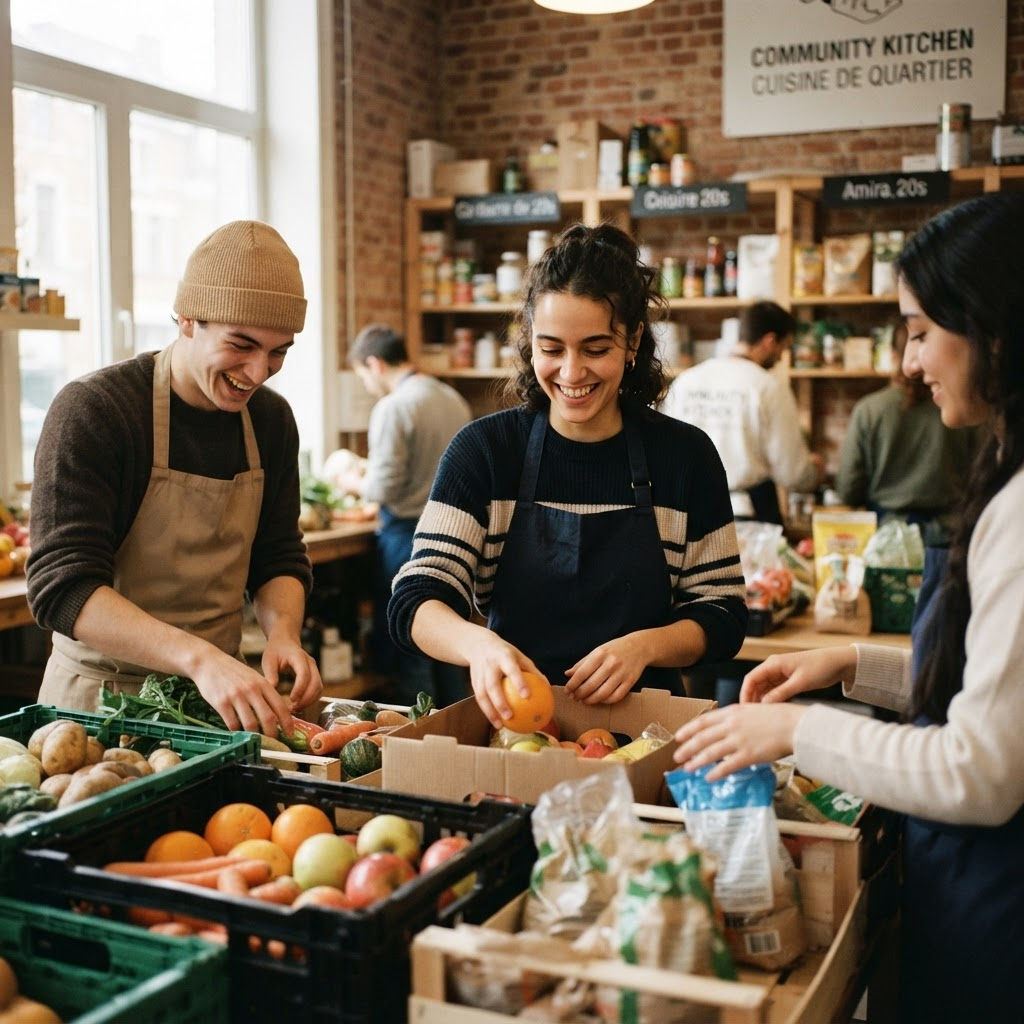 Volunteers preparing food and essentials for the community